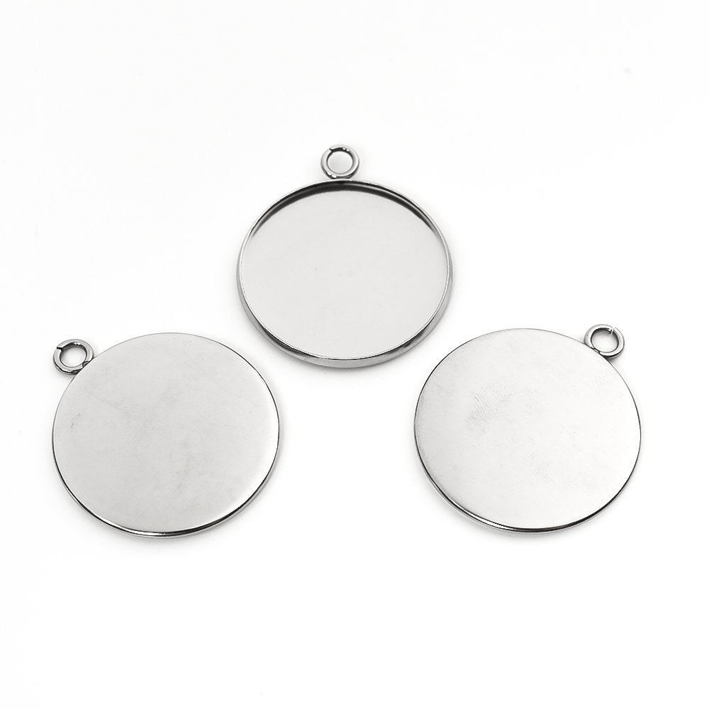 Picture of 304 Stainless Steel Pendants Round Silver Tone Cabochon Settings (Fits 25mm Dia.) 3.2cm x 2.7cm, 10 PCs