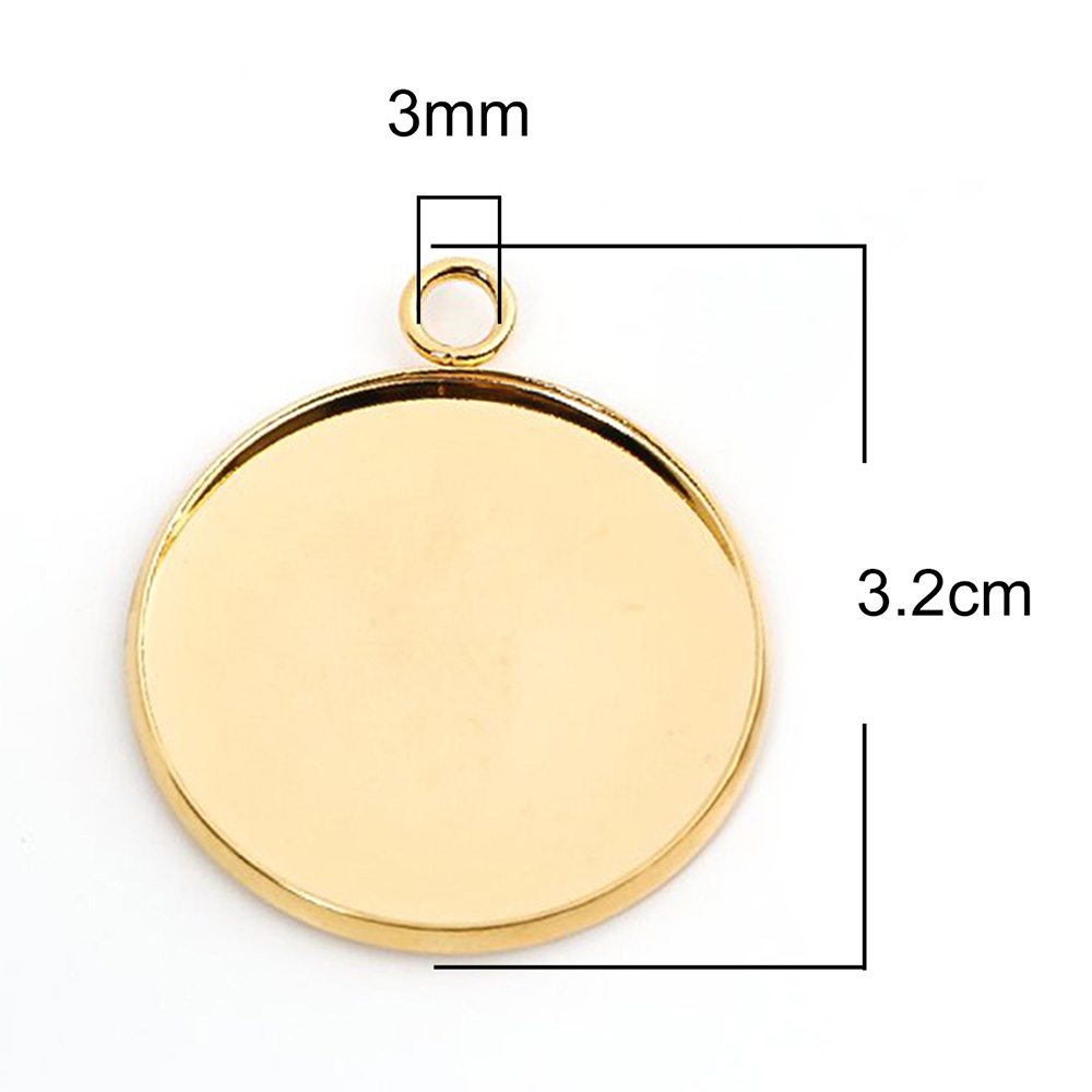 Picture of 304 Stainless Steel Pendants Round Gold Plated Cabochon Settings (Fits 25mm Dia.) 3.2cm x 2.7cm, 10 PCs