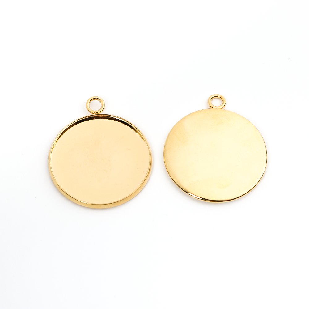 Picture of 304 Stainless Steel Pendants Round Gold Plated Cabochon Settings (Fits 25mm Dia.) 3.2cm x 2.7cm, 10 PCs