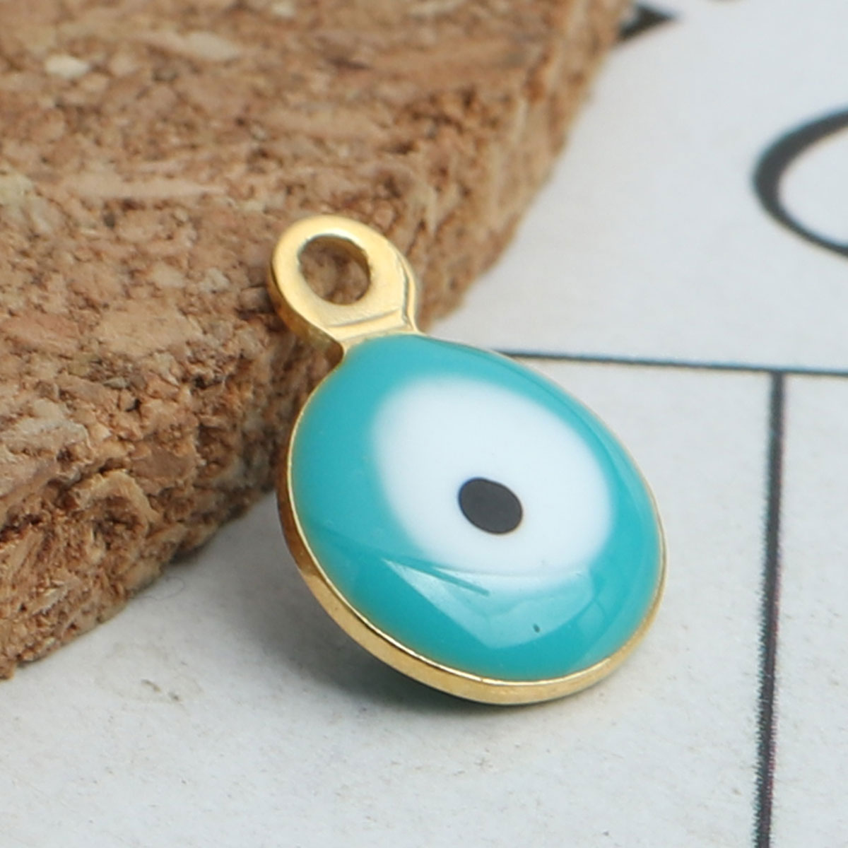 Picture of 304 Stainless Steel Religious Charms Round Gold Plated Green Blue Evil Eye Enamel 11mm x 8mm, 10 PCs