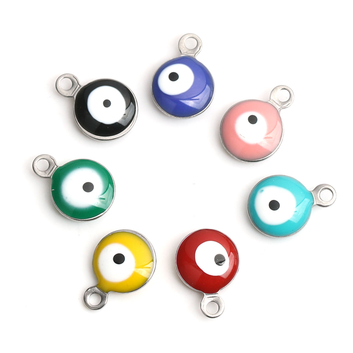 Picture of 304 Stainless Steel Religious Charms Round Silver Tone White & Red Evil Eye Enamel 11mm x 8mm, 10 PCs