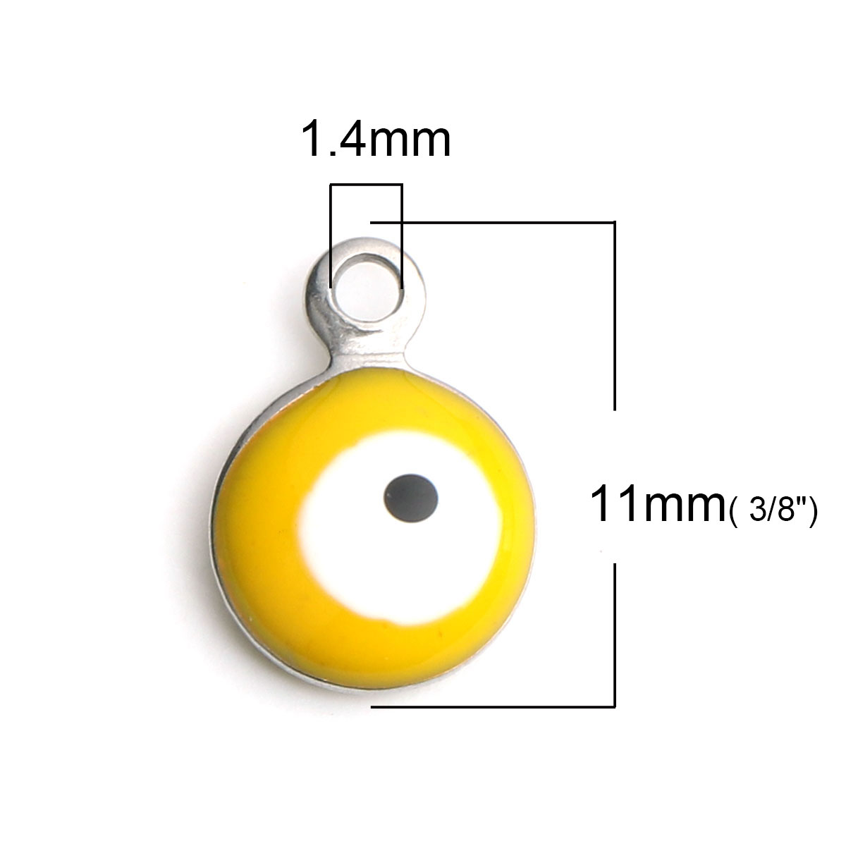 Picture of 304 Stainless Steel Religious Charms Round Silver Tone White & Yellow Evil Eye Enamel 11mm x 8mm, 10 PCs