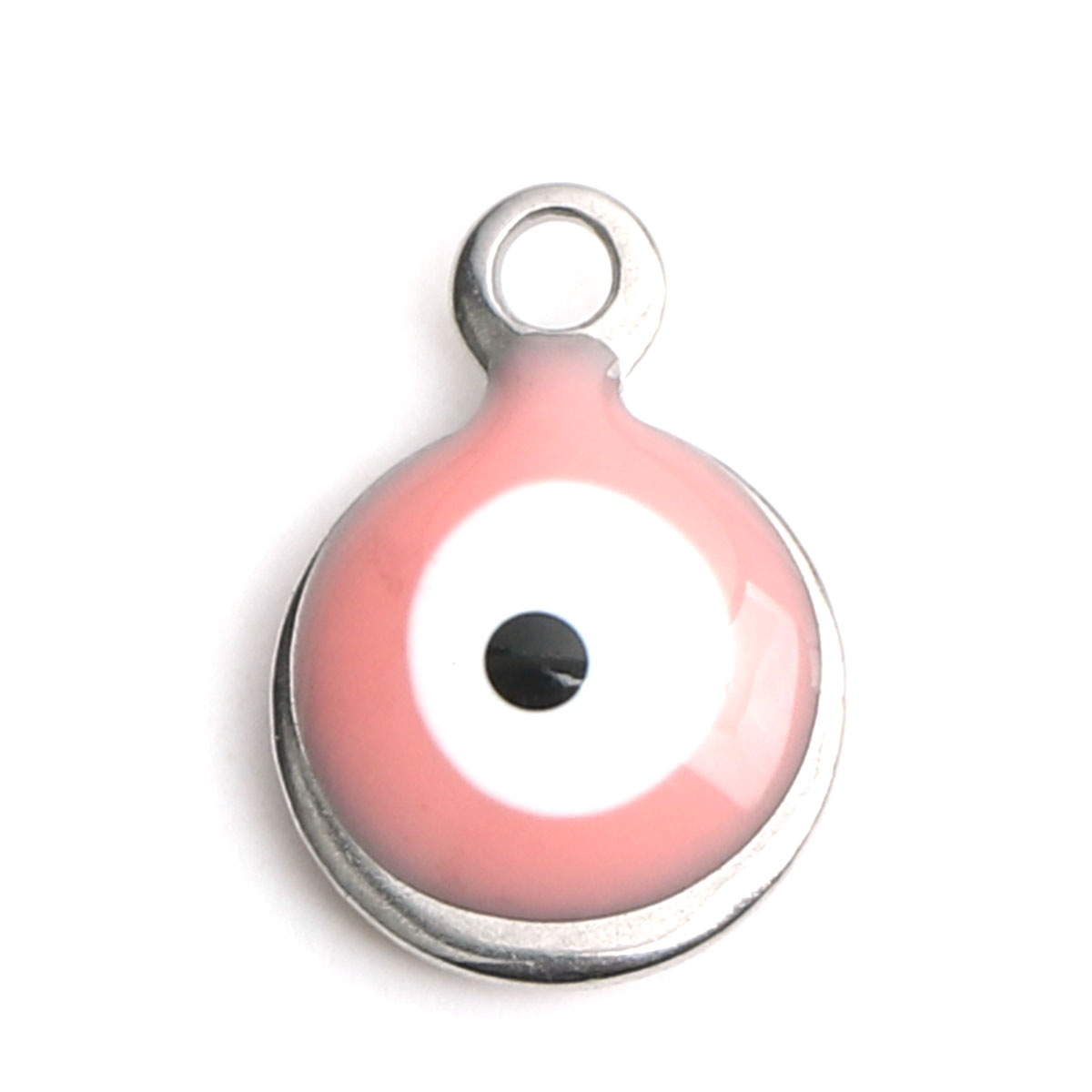 Picture of 304 Stainless Steel Religious Charms Round Silver Tone White & Pink Evil Eye Enamel 11mm x 8mm, 10 PCs