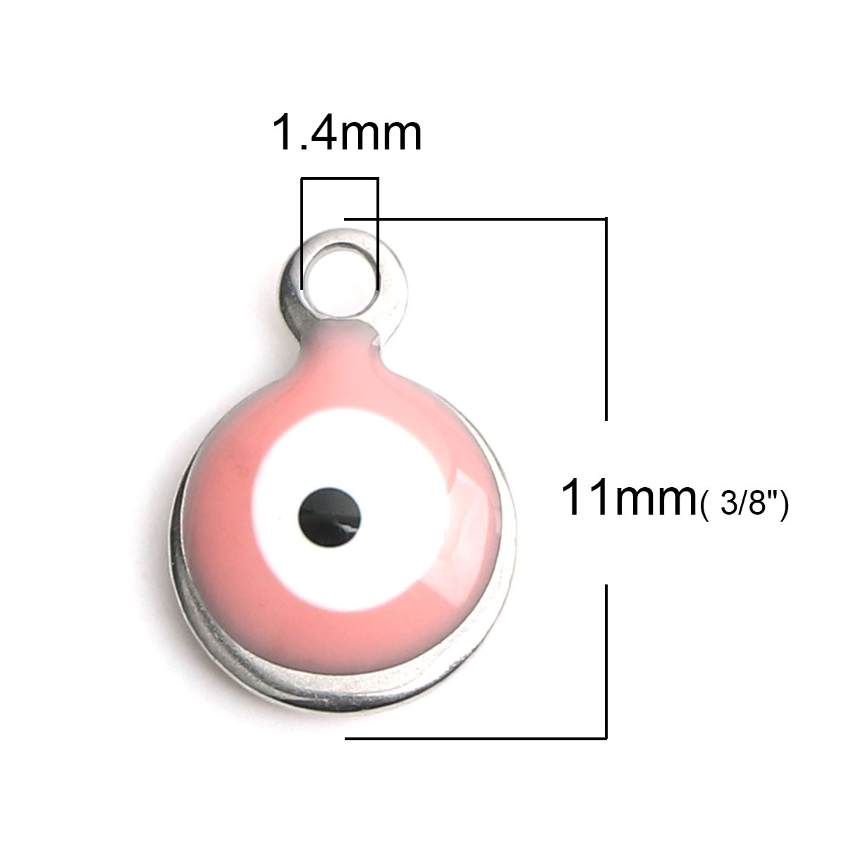 Picture of 304 Stainless Steel Religious Charms Round Silver Tone White & Pink Evil Eye Enamel 11mm x 8mm, 10 PCs