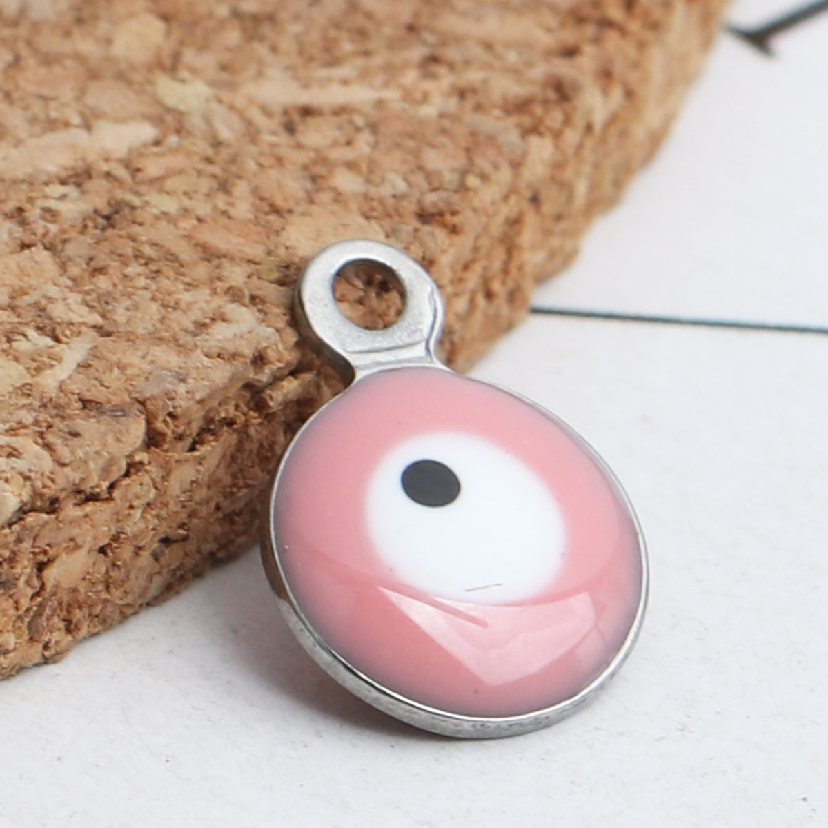 Picture of 304 Stainless Steel Religious Charms Round Silver Tone White & Pink Evil Eye Enamel 11mm x 8mm, 10 PCs