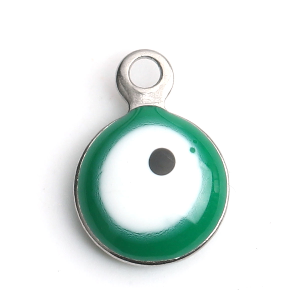 Picture of 304 Stainless Steel Religious Charms Round Silver Tone White & Green Evil Eye Enamel 11mm x 8mm, 10 PCs
