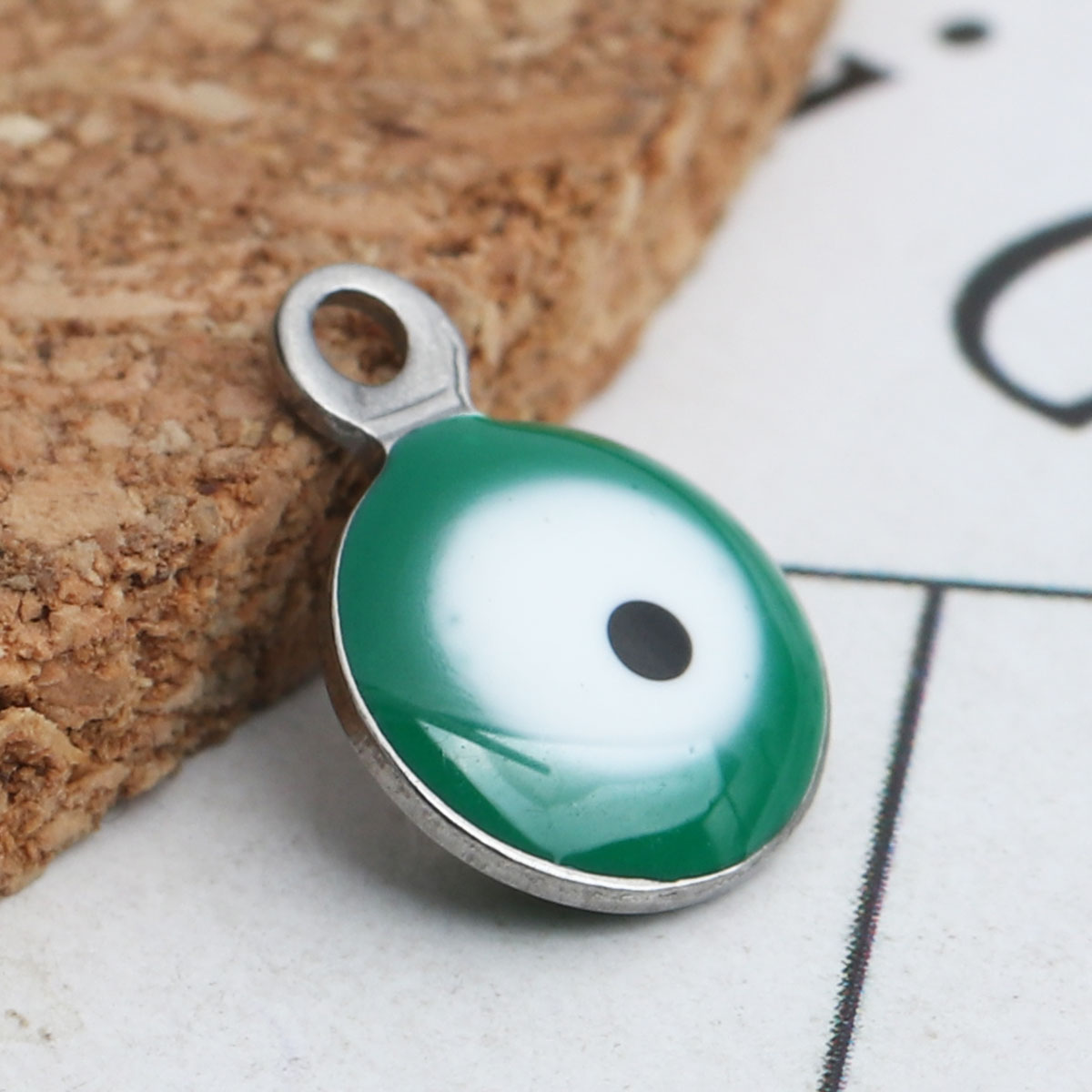 Picture of 304 Stainless Steel Religious Charms Round Silver Tone White & Green Evil Eye Enamel 11mm x 8mm, 10 PCs