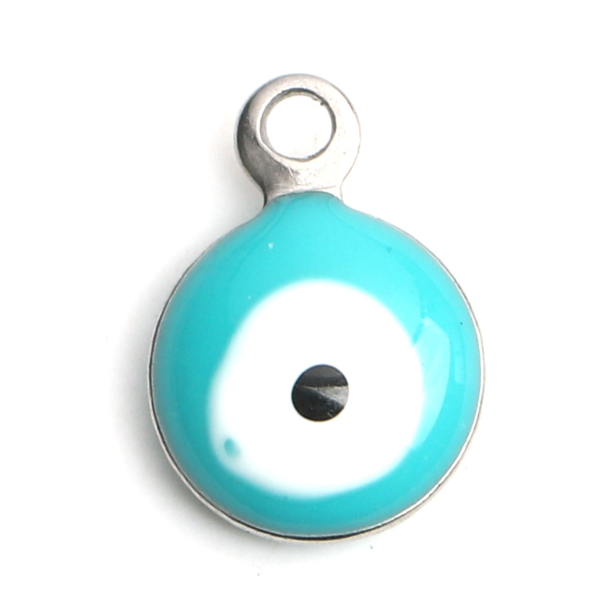 Picture of 304 Stainless Steel Religious Charms Round Silver Tone White & Green Blue Evil Eye Enamel 11mm x 8mm, 10 PCs