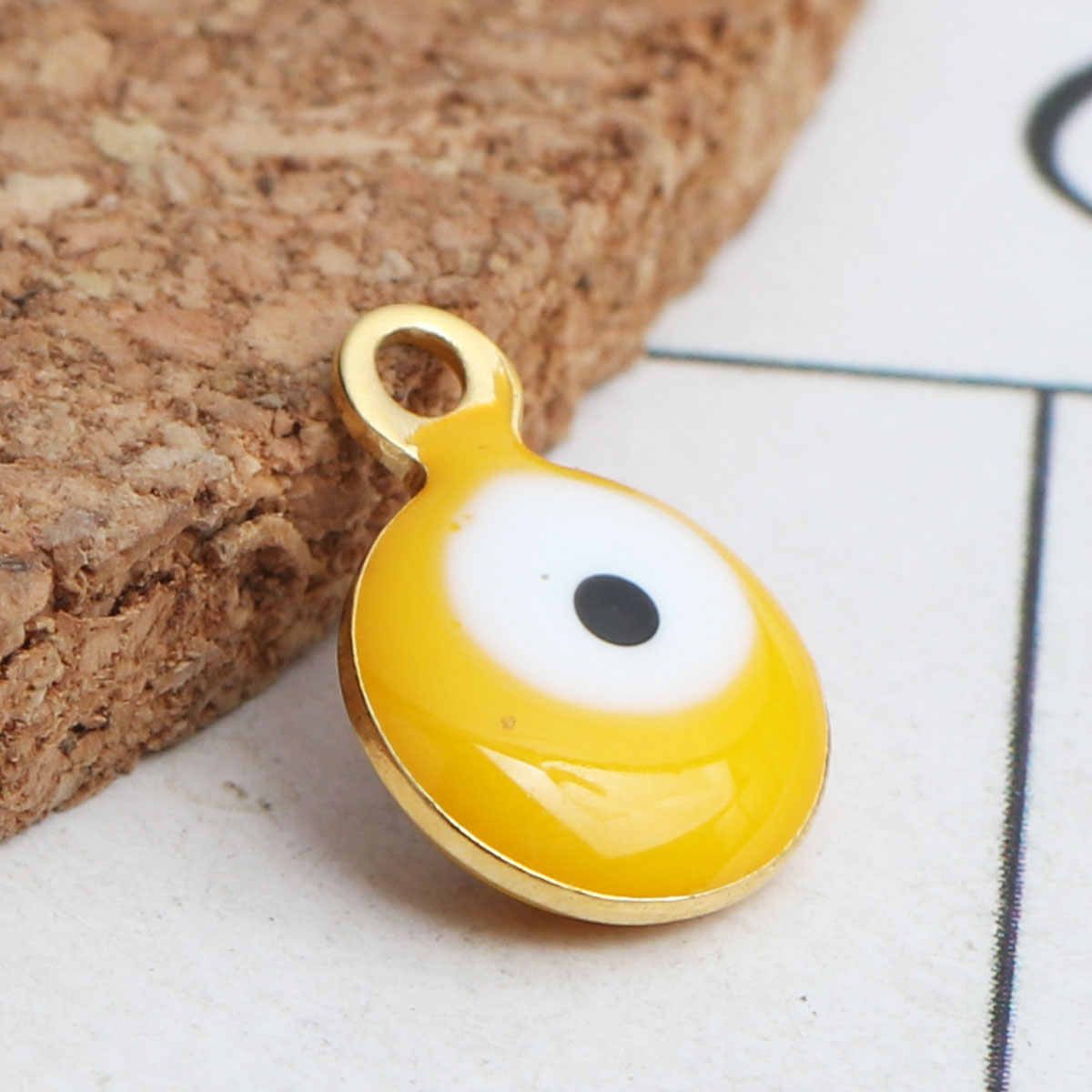 Picture of 304 Stainless Steel Religious Charms Round Gold Plated White & Yellow Evil Eye Enamel 9mm x 6mm, 10 PCs