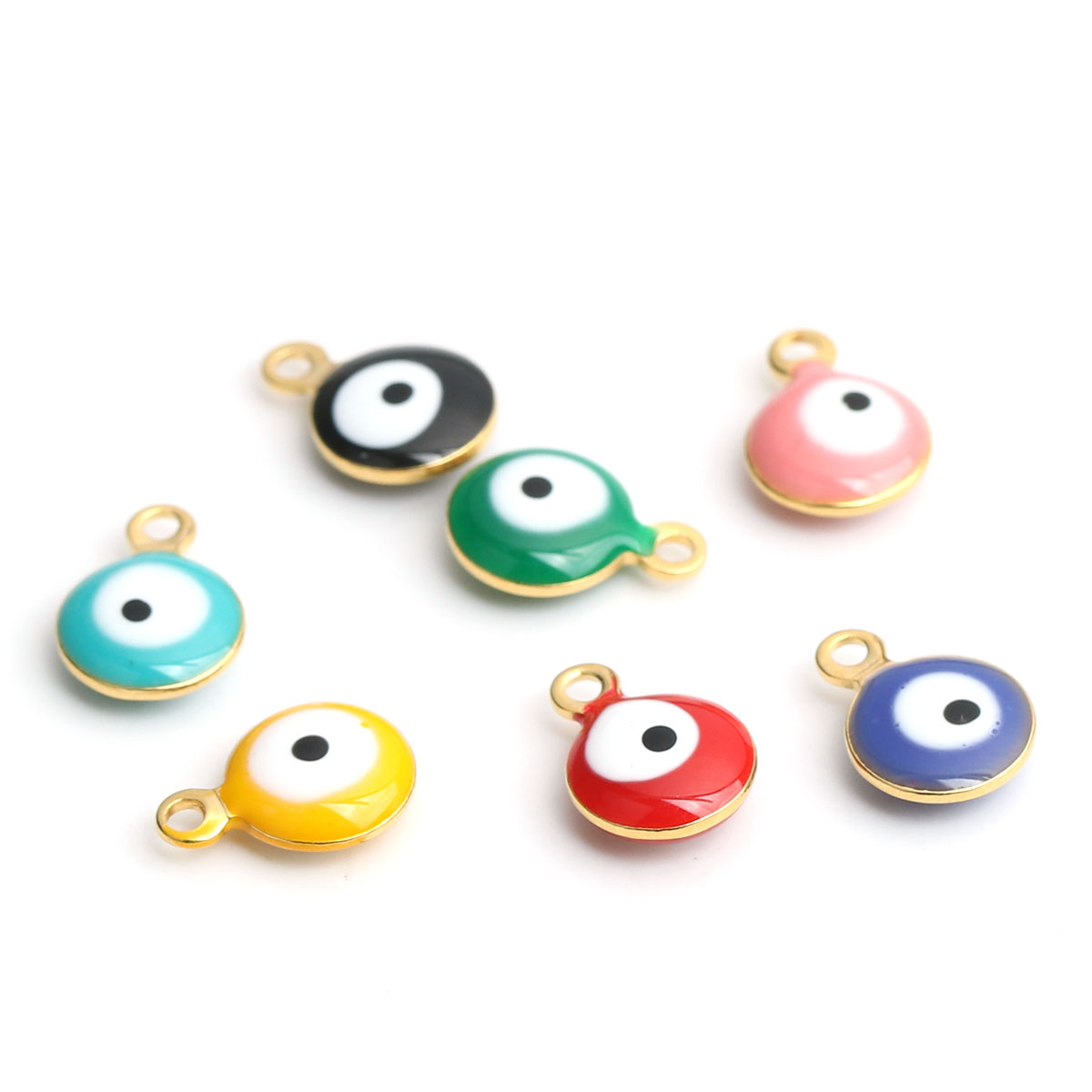 Picture of 304 Stainless Steel Religious Charms Round Gold Plated White & Purple Evil Eye Enamel 9mm x 6mm, 10 PCs