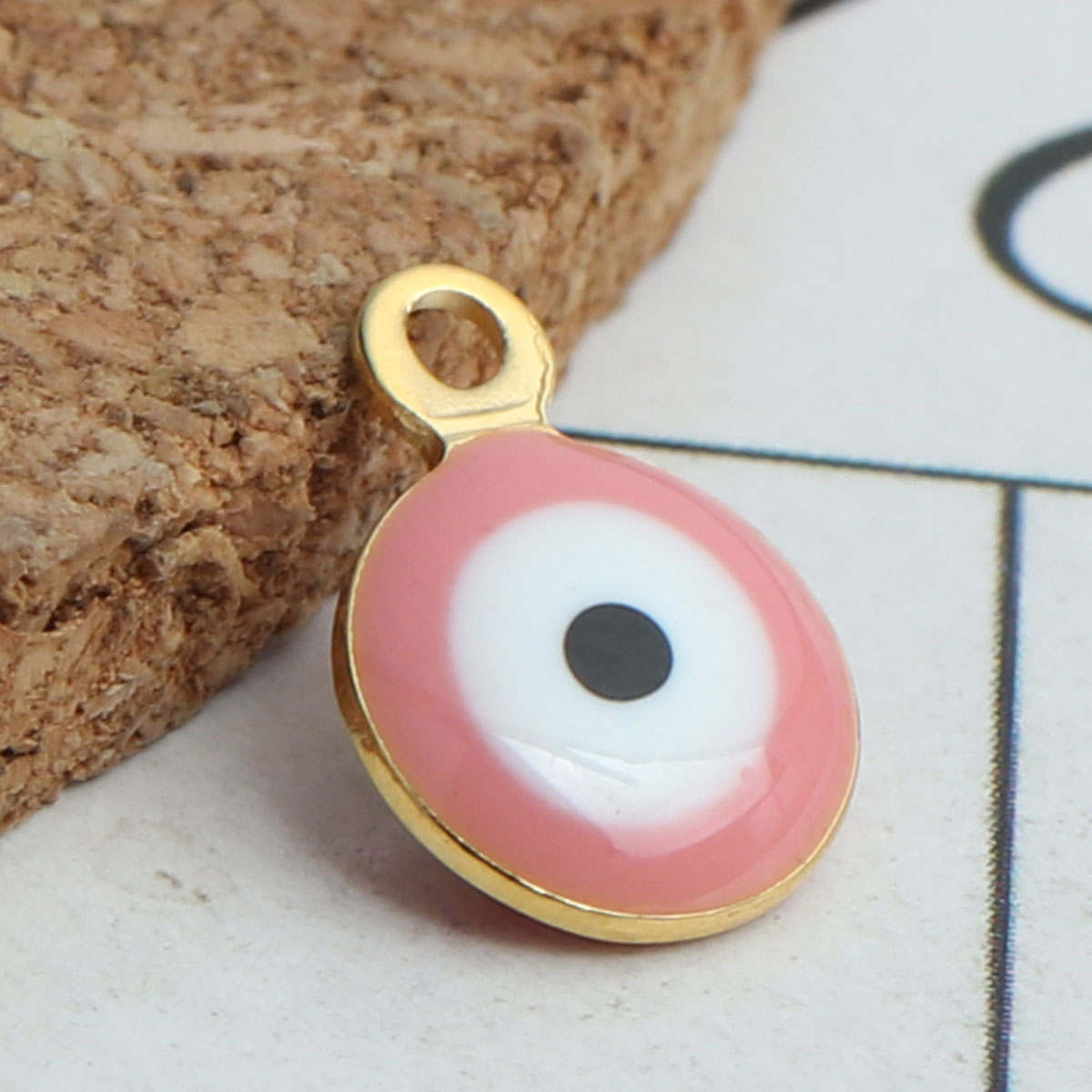Picture of 304 Stainless Steel Religious Charms Round Gold Plated White & Pink Evil Eye Enamel 9mm x 6mm, 10 PCs
