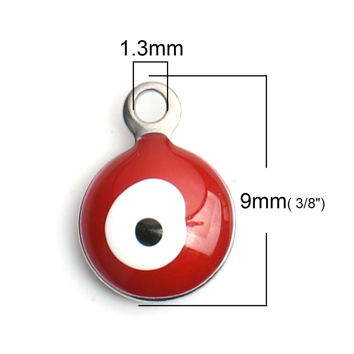 Picture of 304 Stainless Steel Religious Charms Round Silver Tone White & Red Evil Eye Enamel 9mm x 6mm, 10 PCs