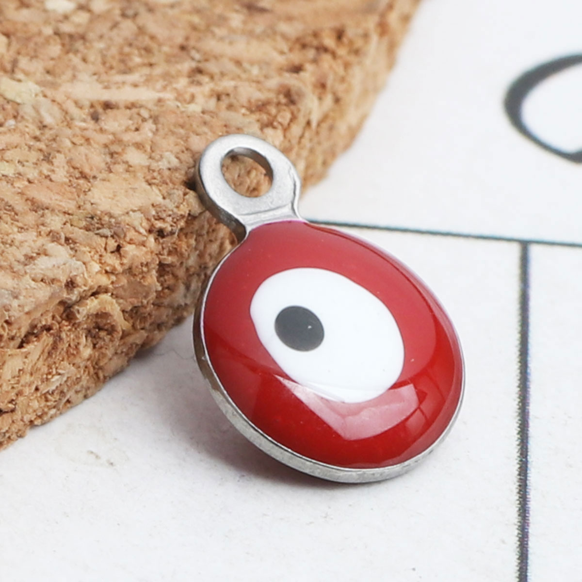 Picture of 304 Stainless Steel Religious Charms Round Silver Tone White & Red Evil Eye Enamel 9mm x 6mm, 10 PCs