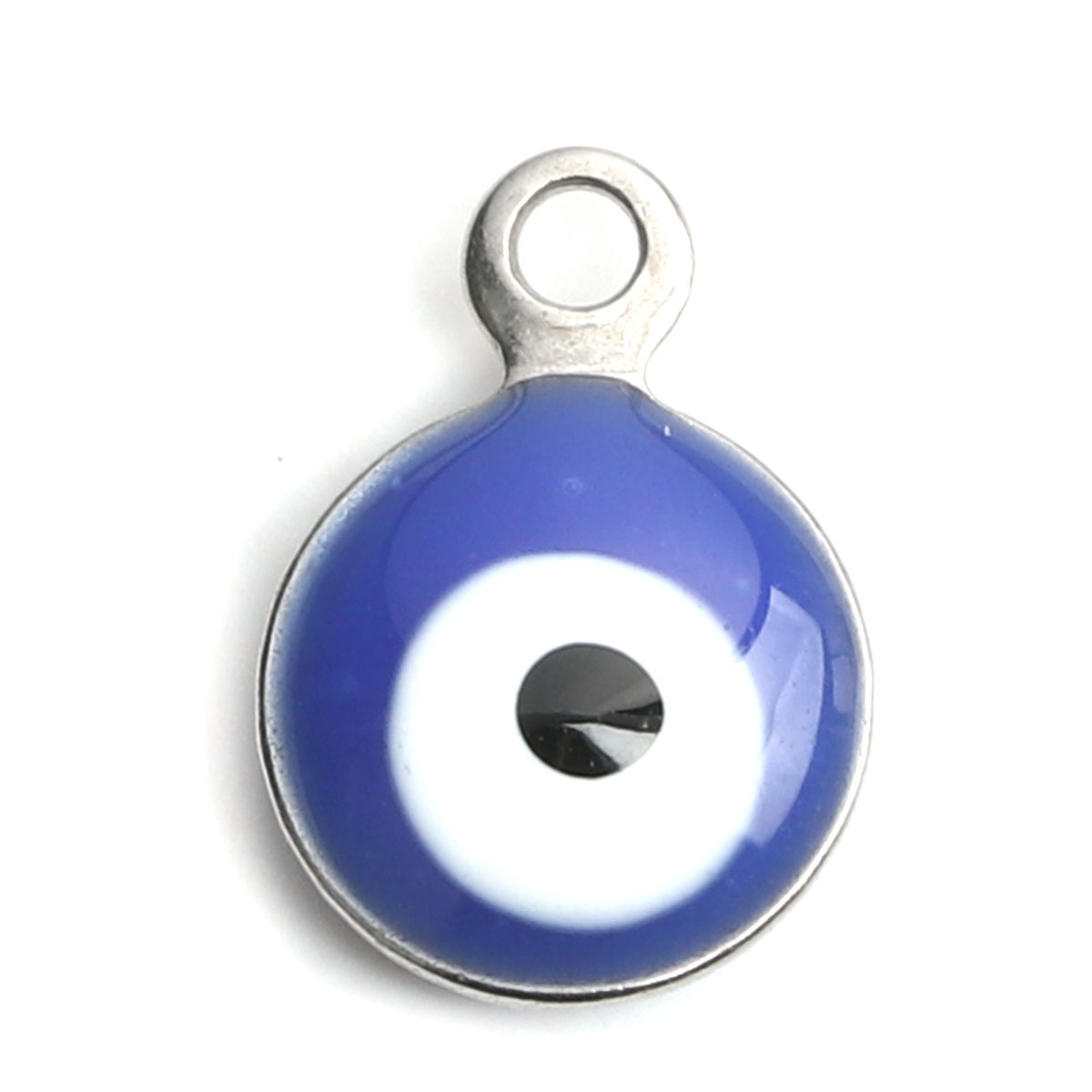 Picture of 304 Stainless Steel Religious Charms Round Silver Tone White & Blue Evil Eye Enamel 9mm x 6mm, 10 PCs