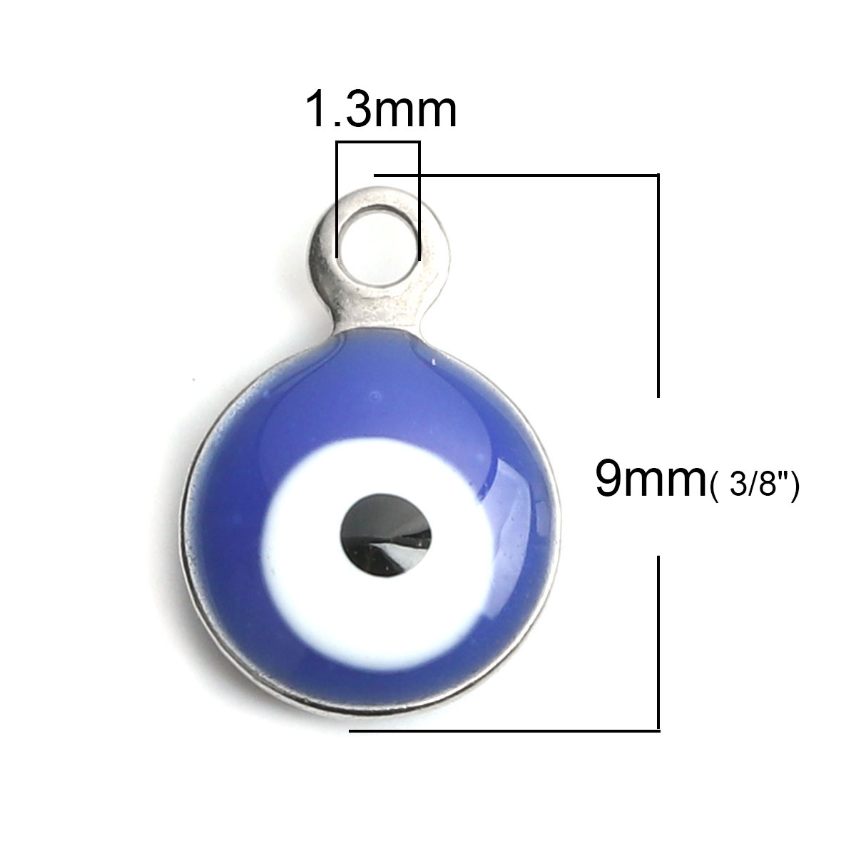 Picture of 304 Stainless Steel Religious Charms Round Silver Tone White & Blue Evil Eye Enamel 9mm x 6mm, 10 PCs