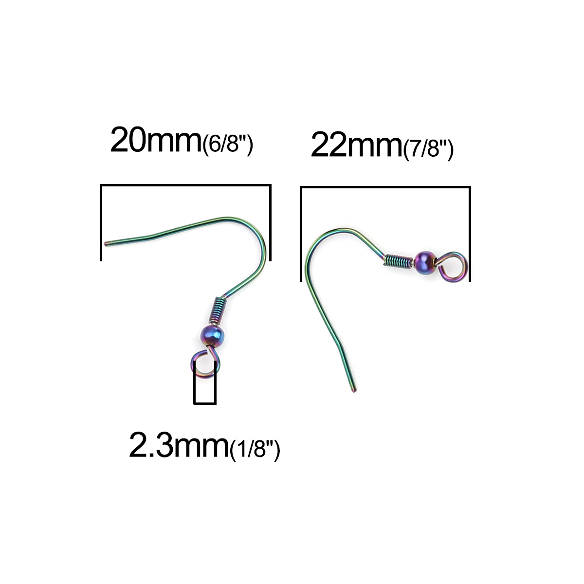Bild von 304 Edelstahl Ohrhaken-Ohrringe für DIY-Schmuckherstellungszubehör Fischhaken Regenbogenfarbe Plattiert Mit Öse 22mm x 20mm, Drahtstärke: (21 gauge), 1000 Stück