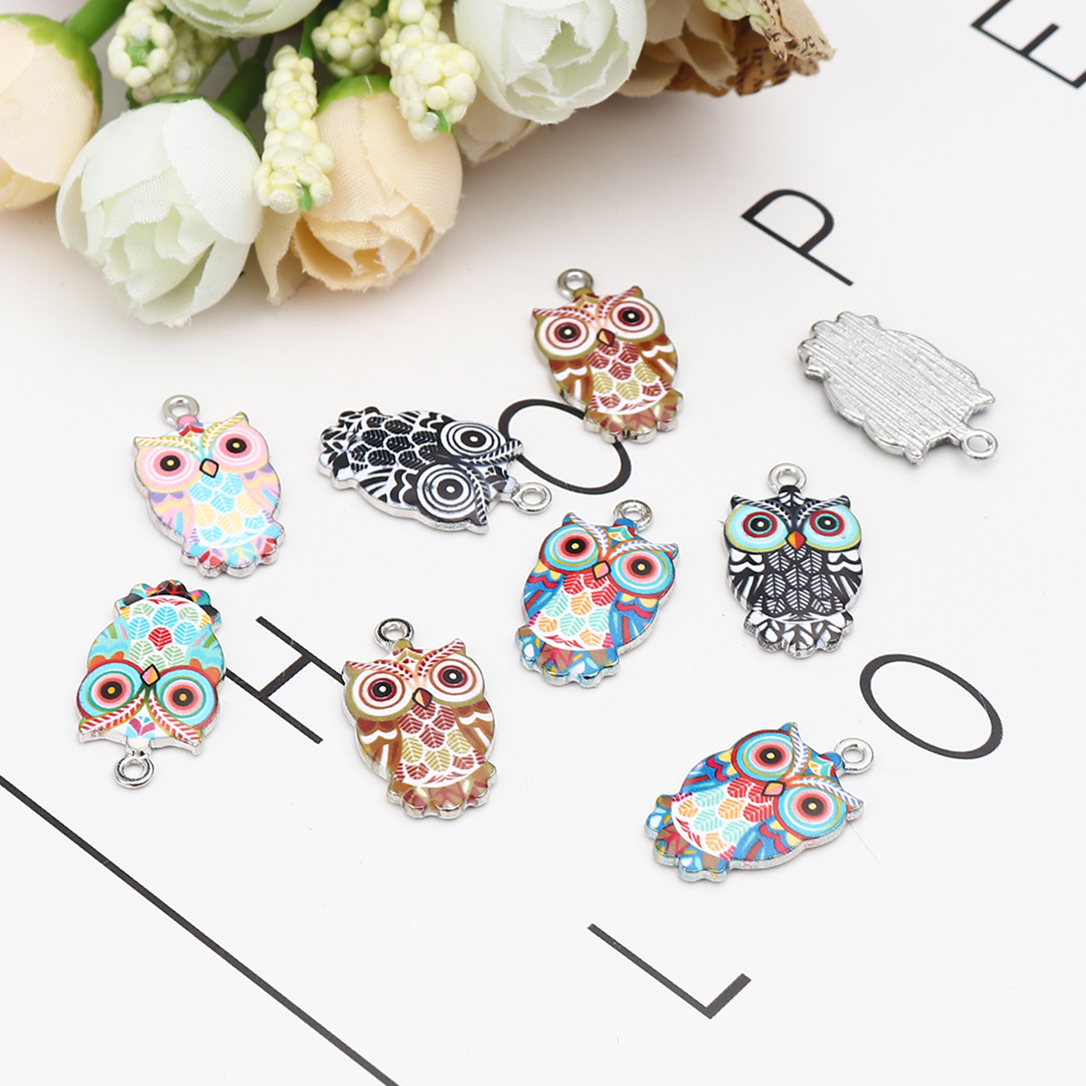 Picture of Zinc Based Alloy Halloween Charms Owl Animal Silver Tone Coffee Enamel 23mm x 13mm, 10 PCs