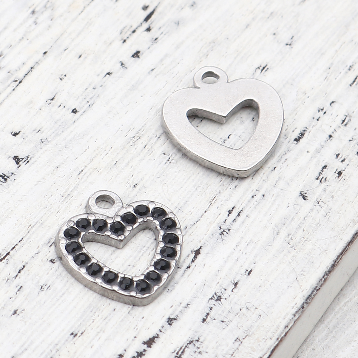 Picture of 304 Stainless Steel Charms Heart Silver Tone Black Rhinestone 15mm x 14mm, 2 PCs