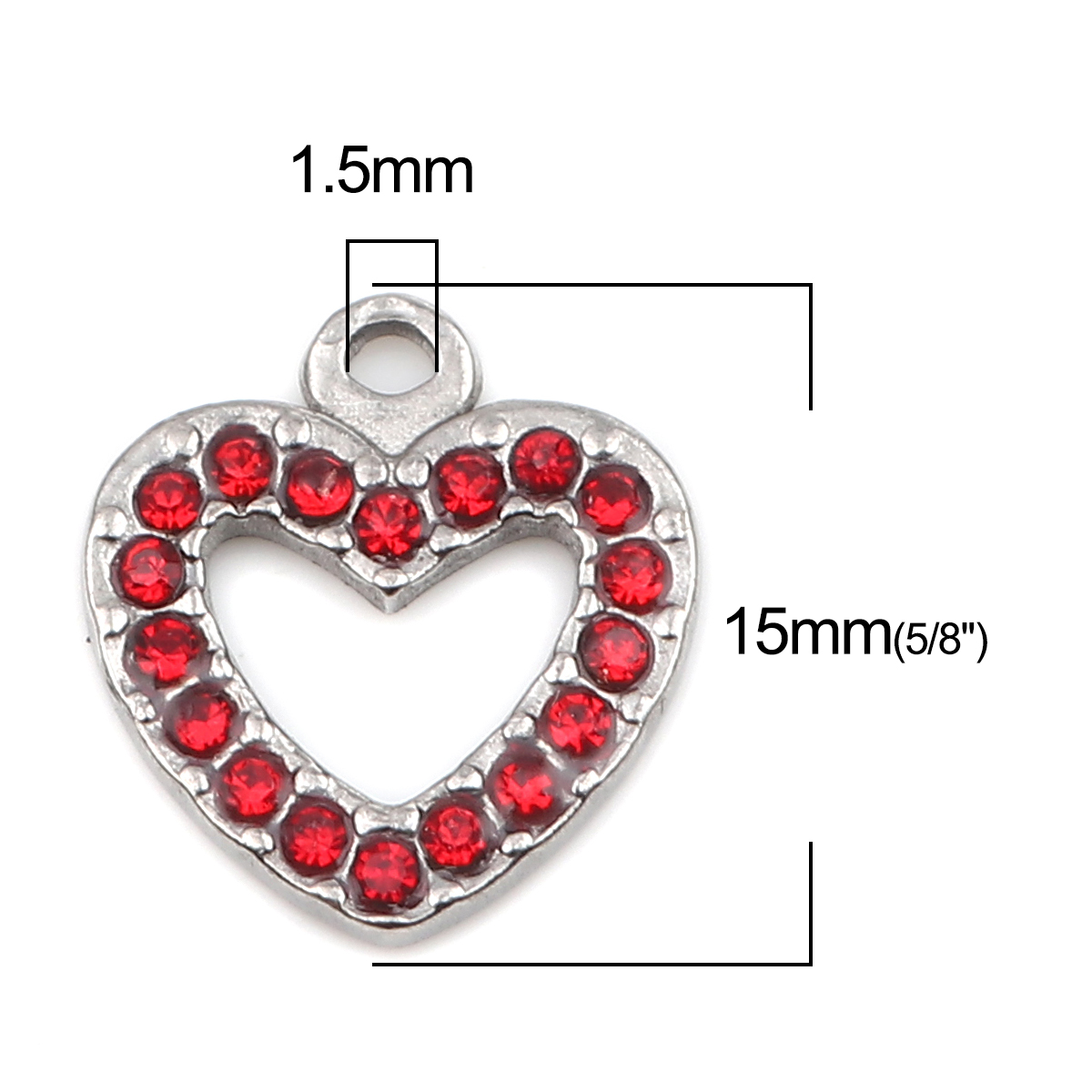 Picture of 304 Stainless Steel Charms Heart Silver Tone Red Rhinestone 15mm x 14mm, 2 PCs