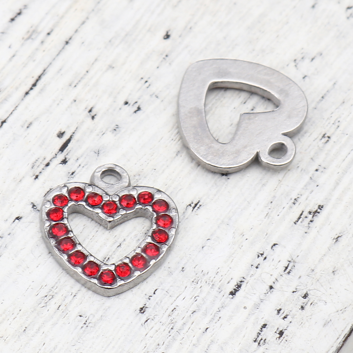 Picture of 304 Stainless Steel Charms Heart Silver Tone Red Rhinestone 15mm x 14mm, 2 PCs