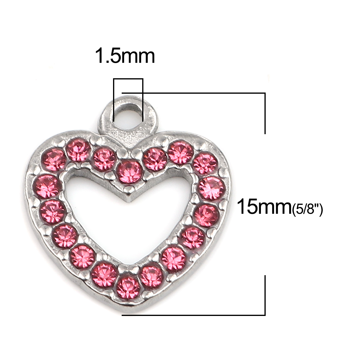 Picture of 304 Stainless Steel Charms Heart Silver Tone Pink Rhinestone 15mm x 14mm, 2 PCs