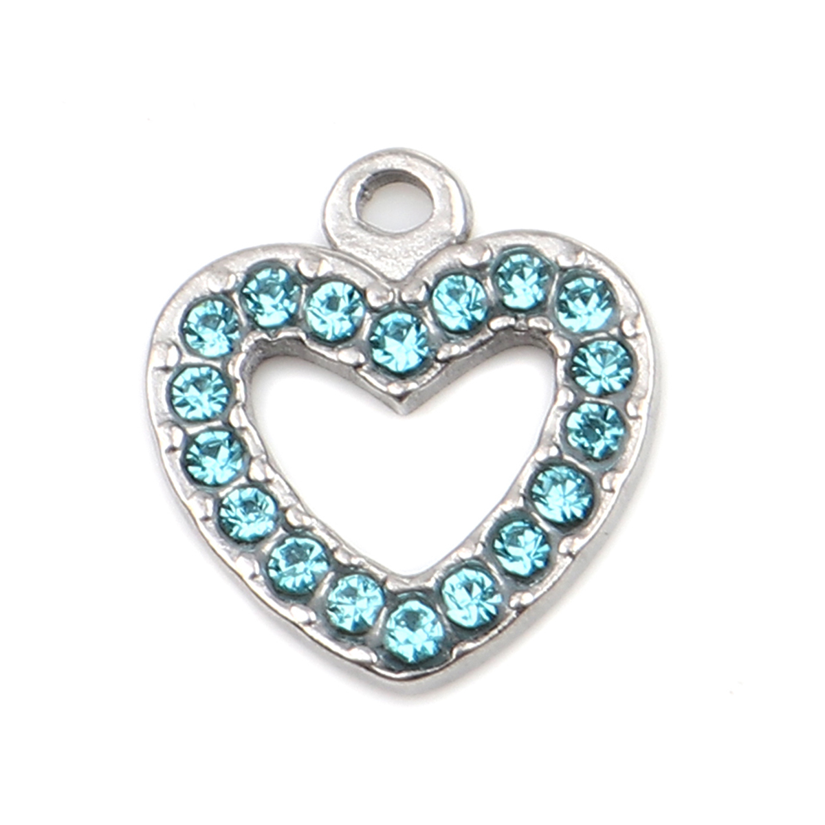 Picture of 304 Stainless Steel Charms Heart Silver Tone Light Blue Rhinestone 15mm x 14mm, 2 PCs
