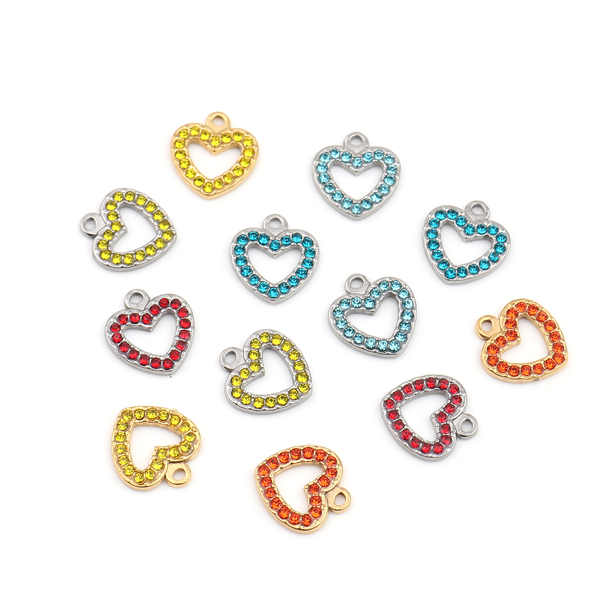 Picture of 304 Stainless Steel Charms Heart Silver Tone Light Blue Rhinestone 15mm x 14mm, 2 PCs