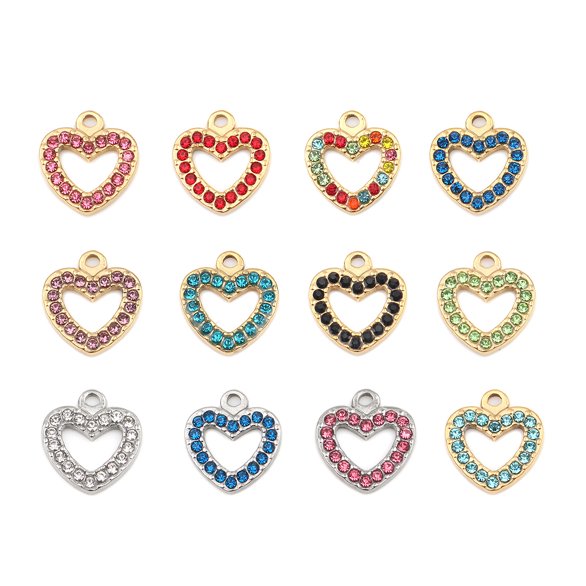 Picture of 304 Stainless Steel Charms Heart Silver Tone Light Blue Rhinestone 15mm x 14mm, 2 PCs