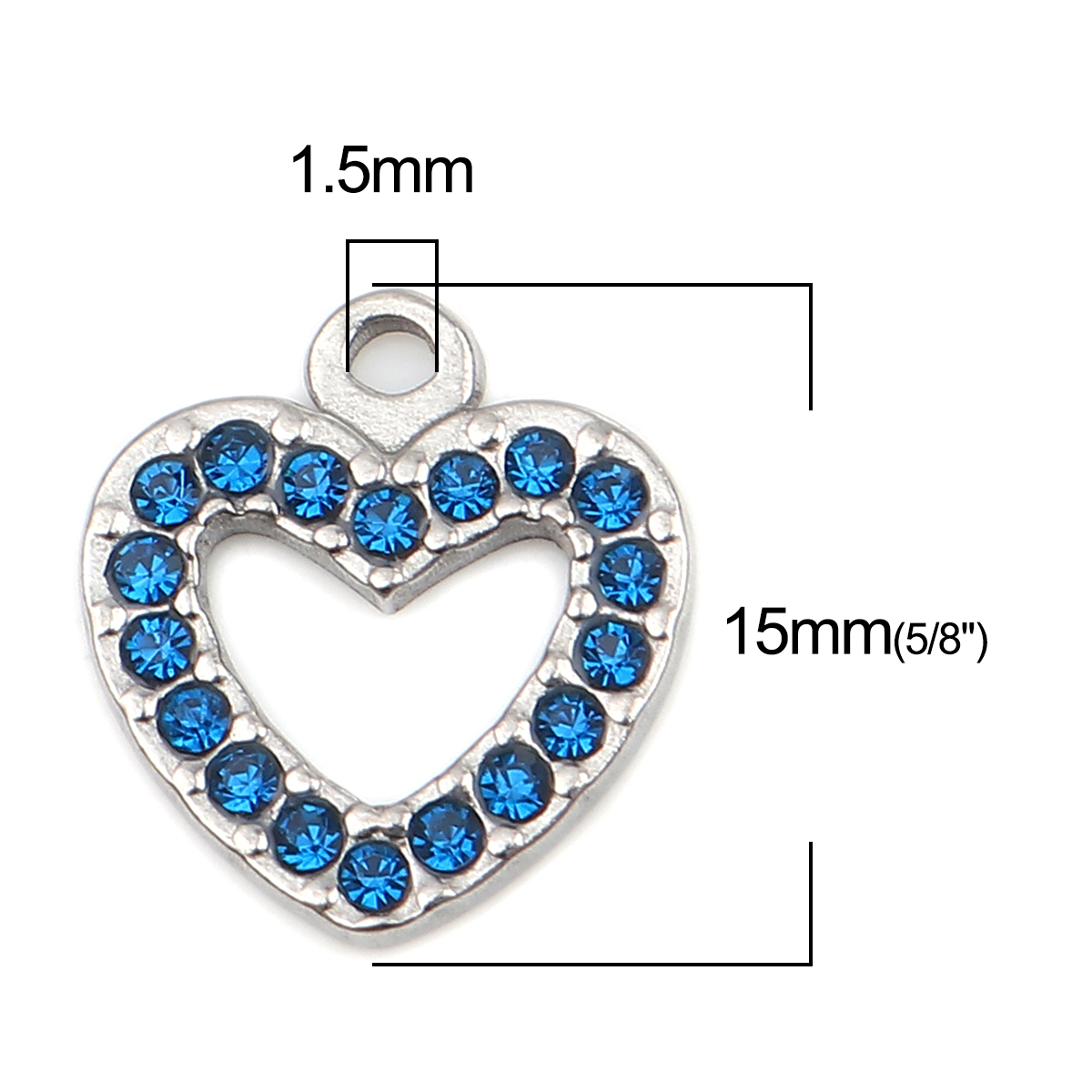 Picture of 304 Stainless Steel Charms Heart Silver Tone Dark Blue Rhinestone 15mm x 14mm, 2 PCs