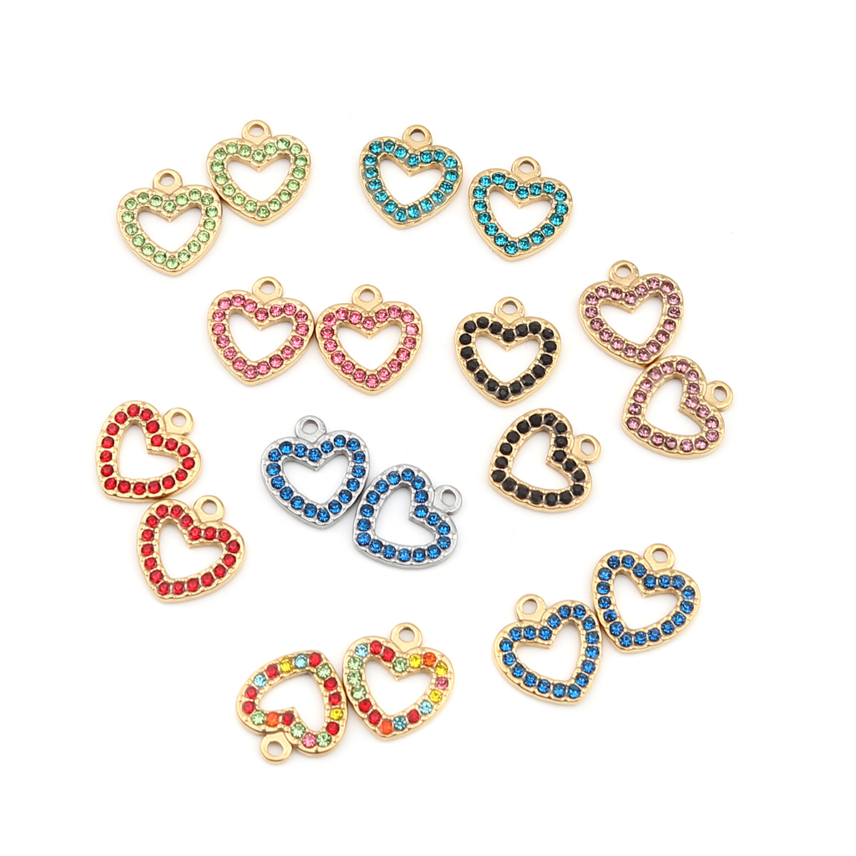 Picture of 304 Stainless Steel Charms Heart Silver Tone Dark Blue Rhinestone 15mm x 14mm, 2 PCs
