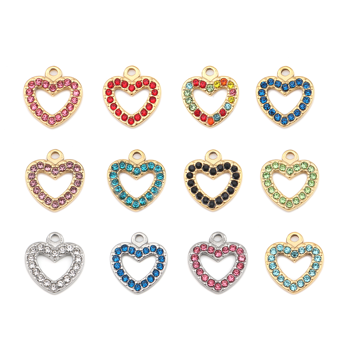 Picture of 304 Stainless Steel Charms Heart Silver Tone Dark Blue Rhinestone 15mm x 14mm, 2 PCs