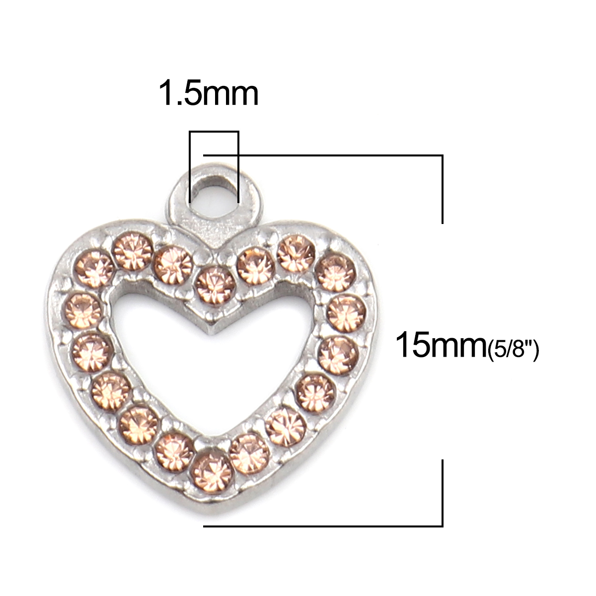 Picture of 304 Stainless Steel Charms Heart Silver Tone Light Orange Rhinestone 15mm x 14mm, 2 PCs