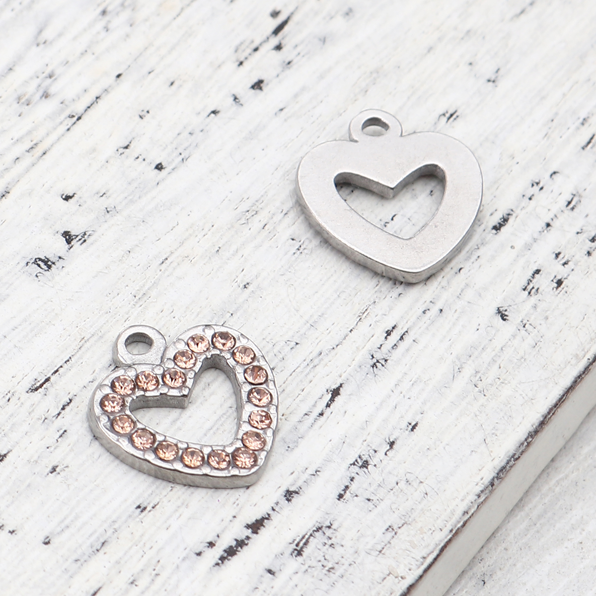 Picture of 304 Stainless Steel Charms Heart Silver Tone Light Orange Rhinestone 15mm x 14mm, 2 PCs
