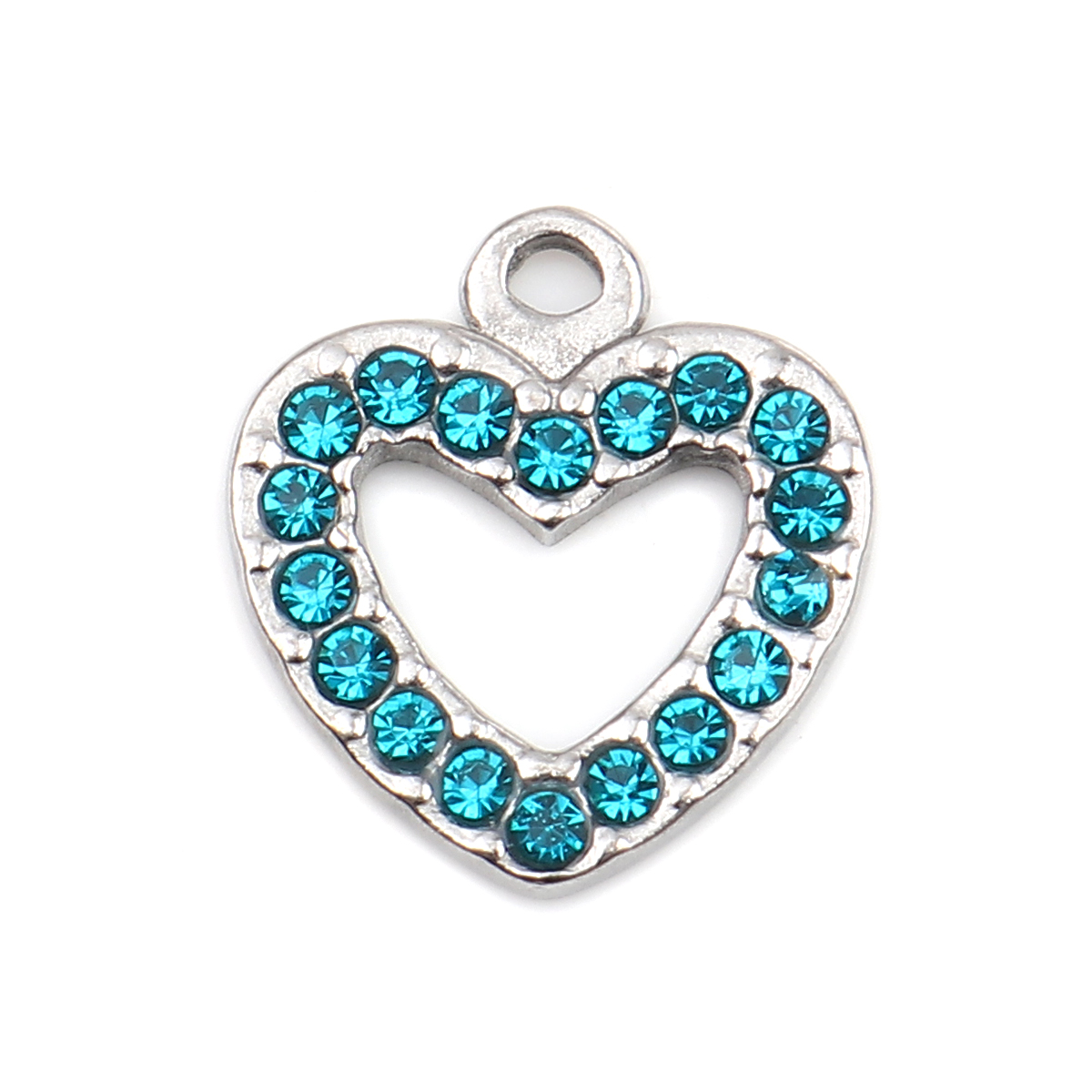Picture of 304 Stainless Steel Charms Heart Silver Tone Lake Blue Rhinestone 15mm x 14mm, 2 PCs