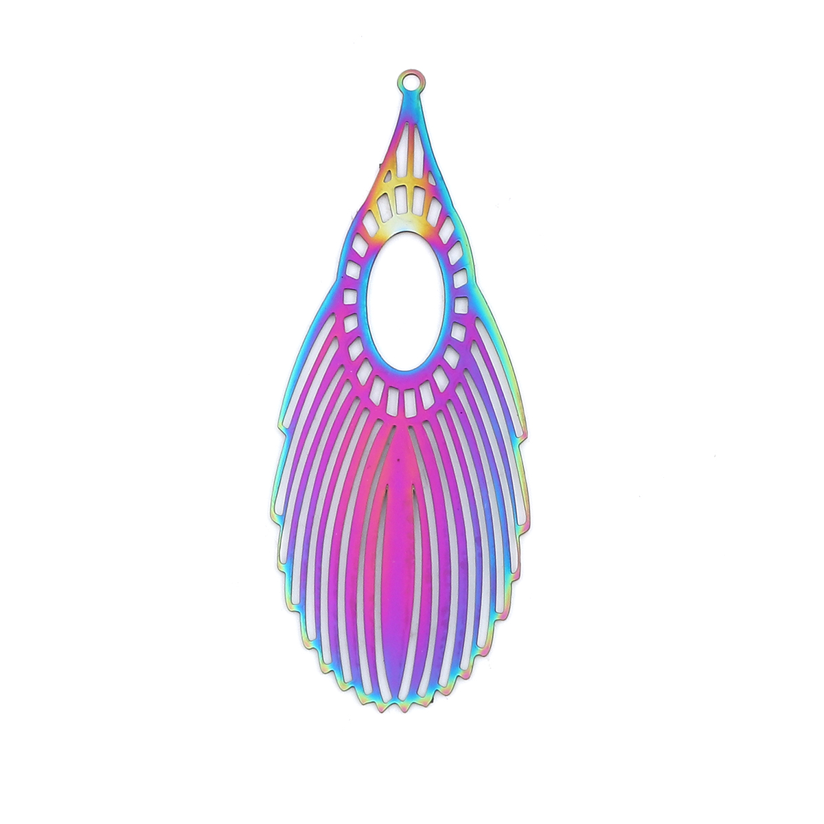 Picture of Stainless Steel Filigree Stamping Pendants Feather Purple & Blue 62mm x 24mm, 10 PCs