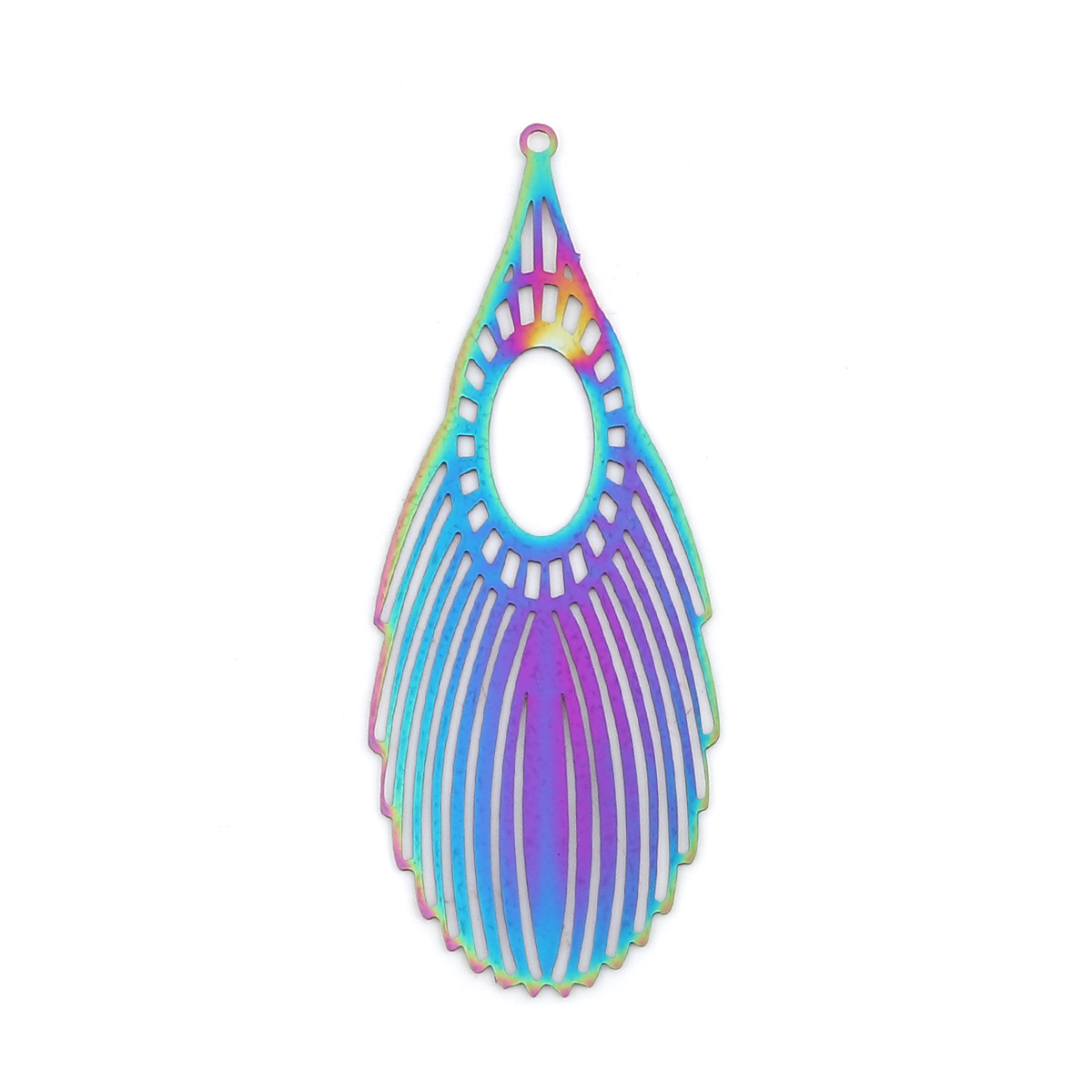 Picture of Stainless Steel Filigree Stamping Pendants Feather Purple & Blue 62mm x 24mm, 10 PCs