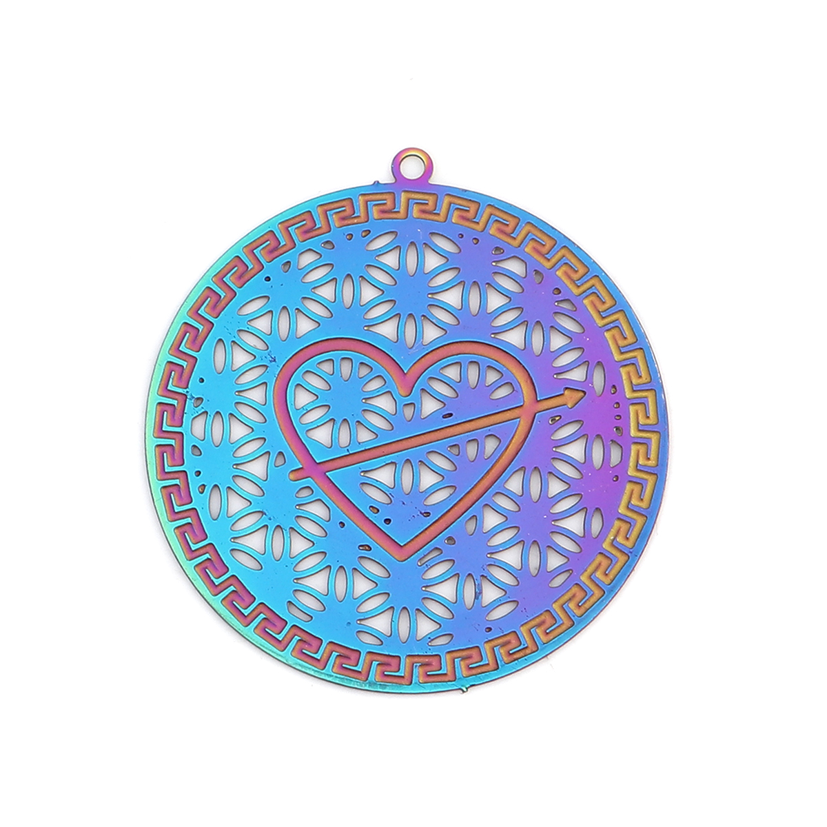 Picture of Stainless Steel Valentine's Day Pendants Round Purple & Blue Heart Filigree Stamping 32mm x 30mm, 10 PCs