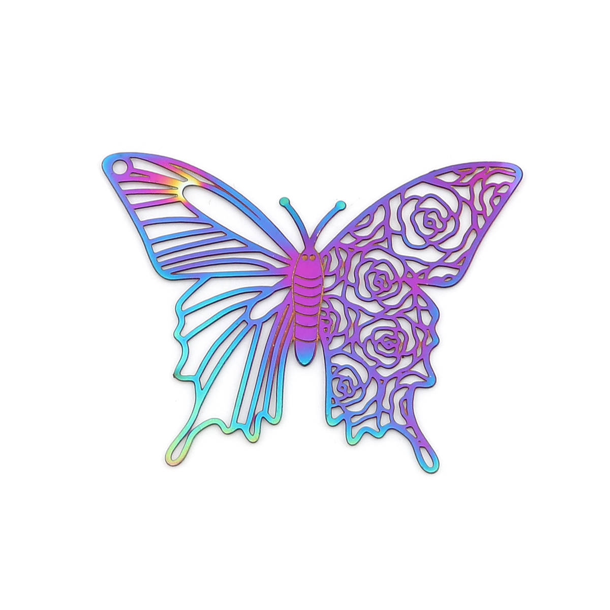 Picture of Stainless Steel Insect Connectors Butterfly Animal Purple & Blue Rose Flower Filigree Stamping 40mm x 30mm, 10 PCs