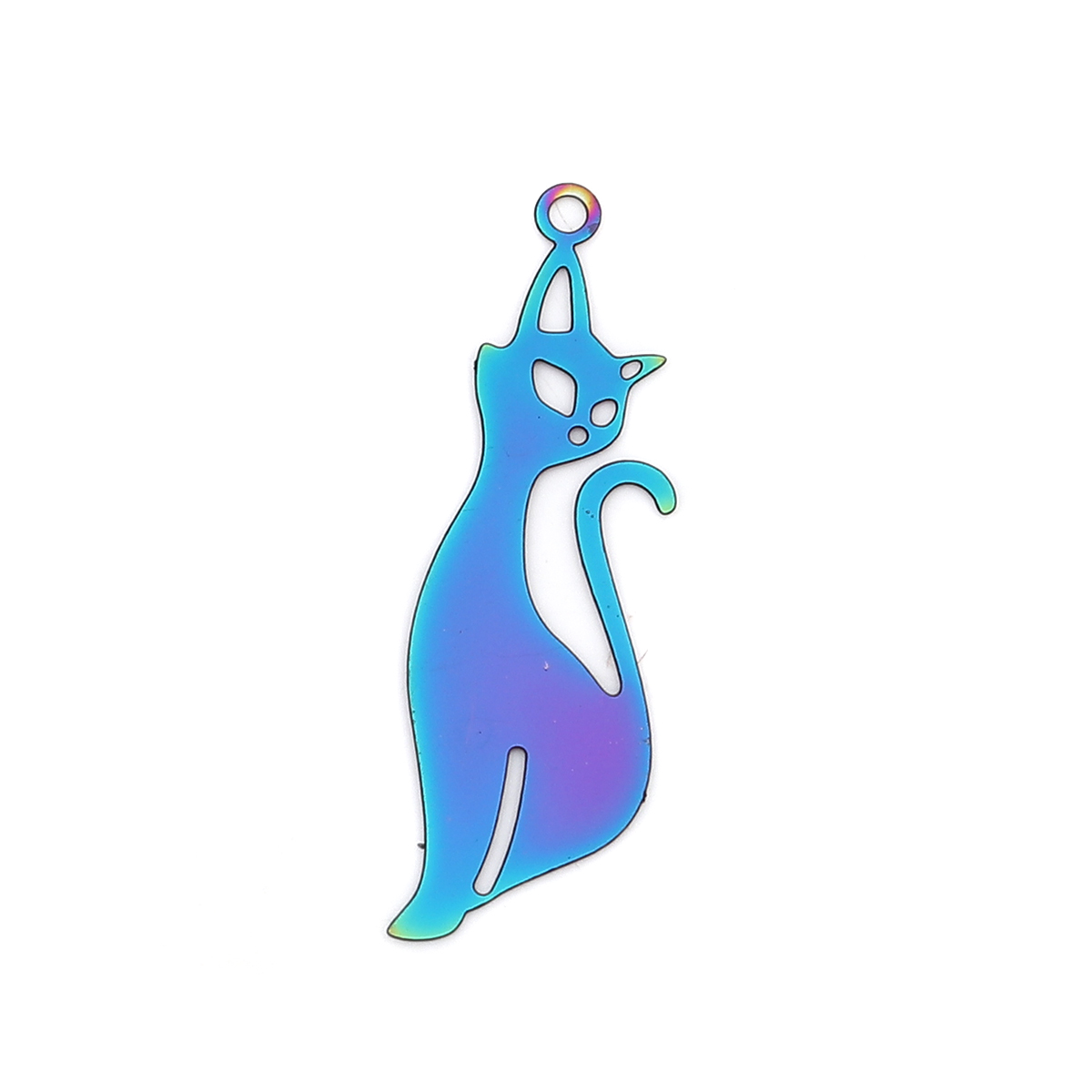 Picture of Stainless Steel Filigree Stamping Pendants Cat Animal Purple & Blue 40mm x 13mm, 10 PCs