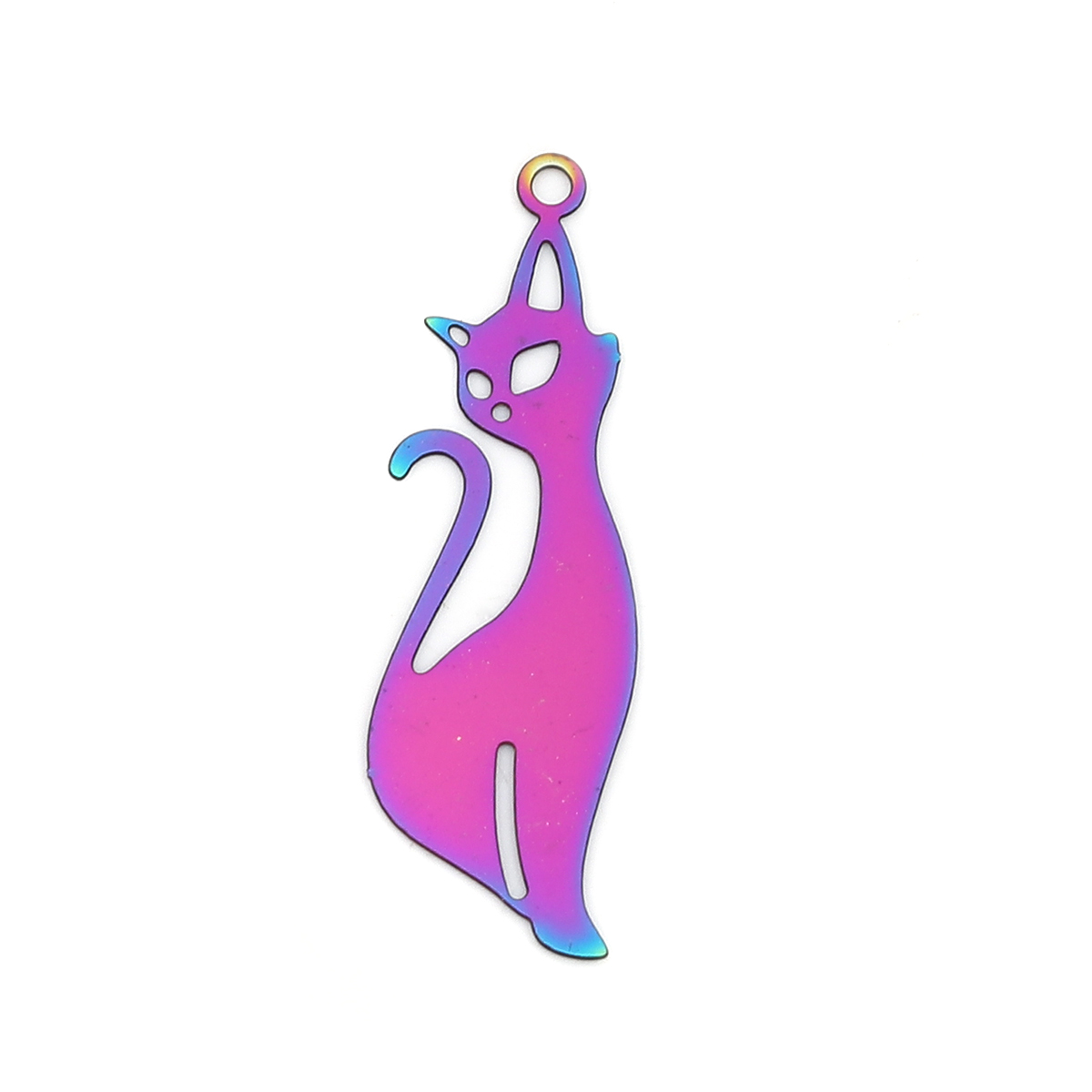 Picture of Stainless Steel Filigree Stamping Pendants Cat Animal Purple & Blue 40mm x 13mm, 10 PCs