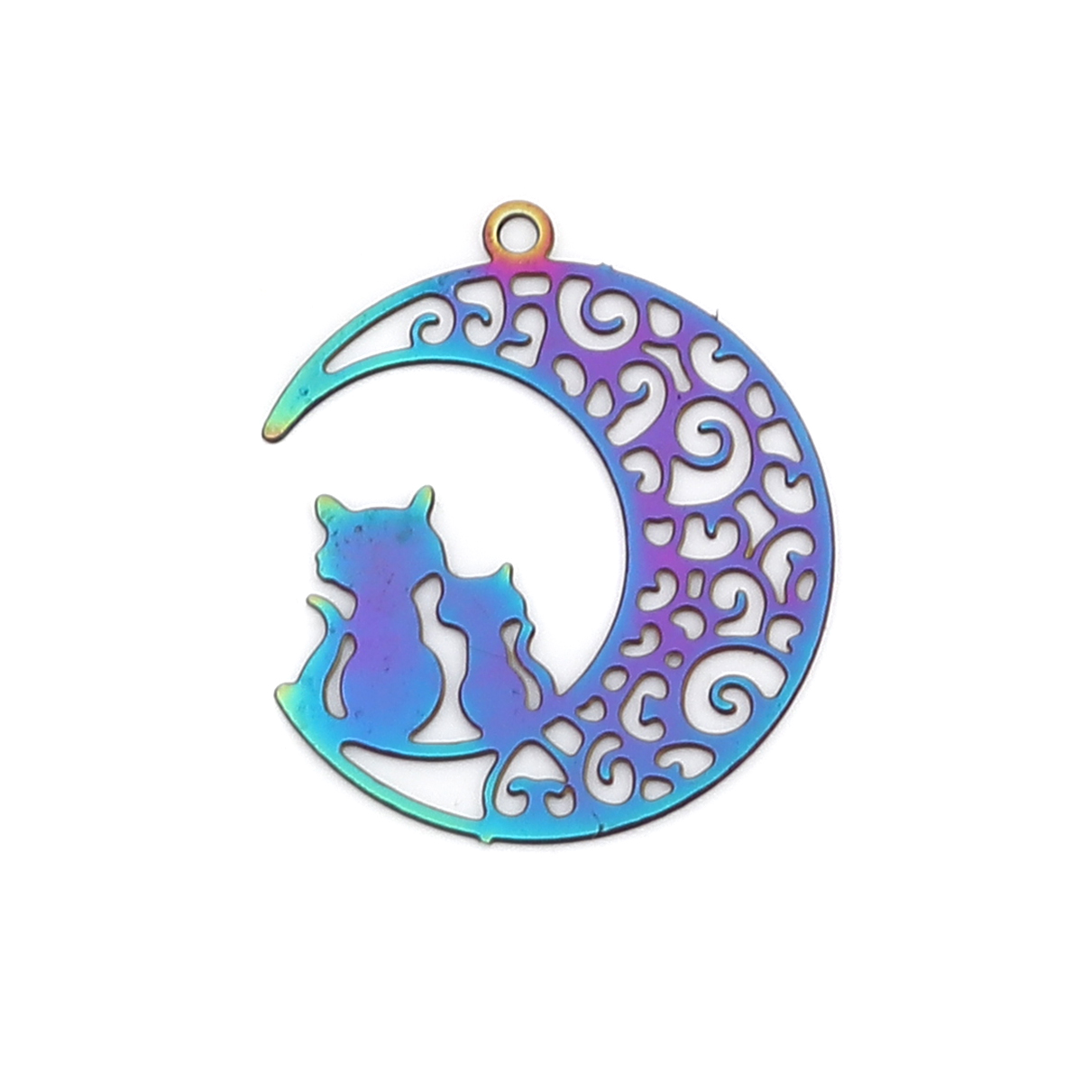 Picture of Stainless Steel Galaxy Charms Half Moon Purple & Blue Cat Filigree Stamping 22mm x 20mm, 10 PCs