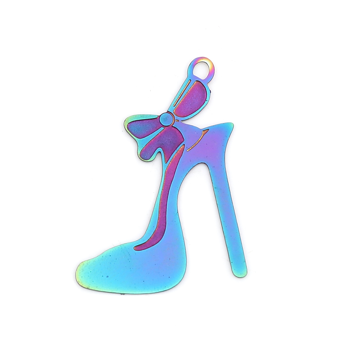Picture of Stainless Steel Clothes Charms High-heeled Shoes Purple & Blue Filigree Stamping 29mm x 21mm, 10 PCs