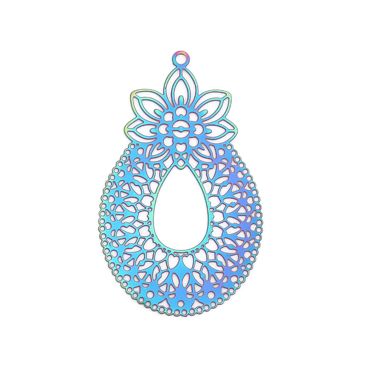 Picture of Stainless Steel Filigree Stamping Pendants Drop Purple & Blue Filigree 49mm x 30mm, 10 PCs