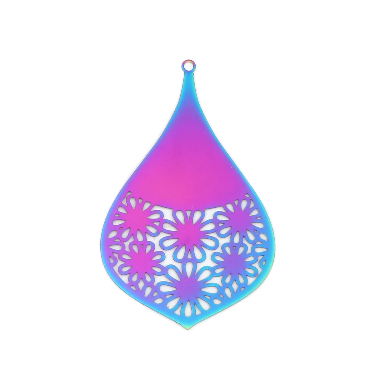 Picture of Stainless Steel Filigree Stamping Pendants Drop Purple & Blue Filigree 55mm x 34mm, 10 PCs