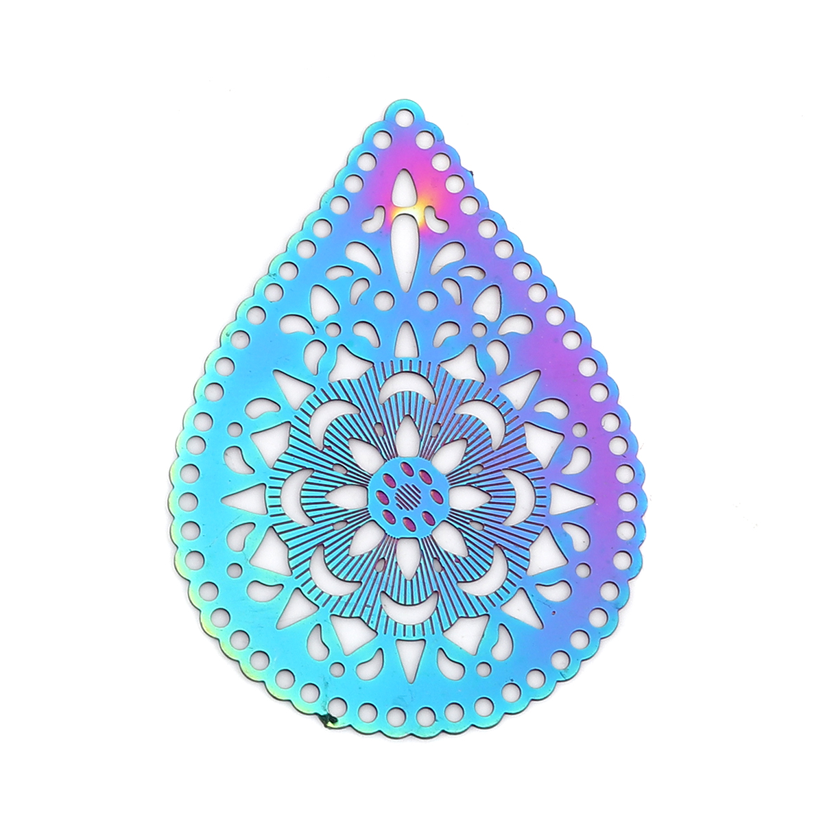 Picture of Stainless Steel Filigree Stamping Pendants Drop Purple & Blue Filigree 48mm x 35mm, 10 PCs