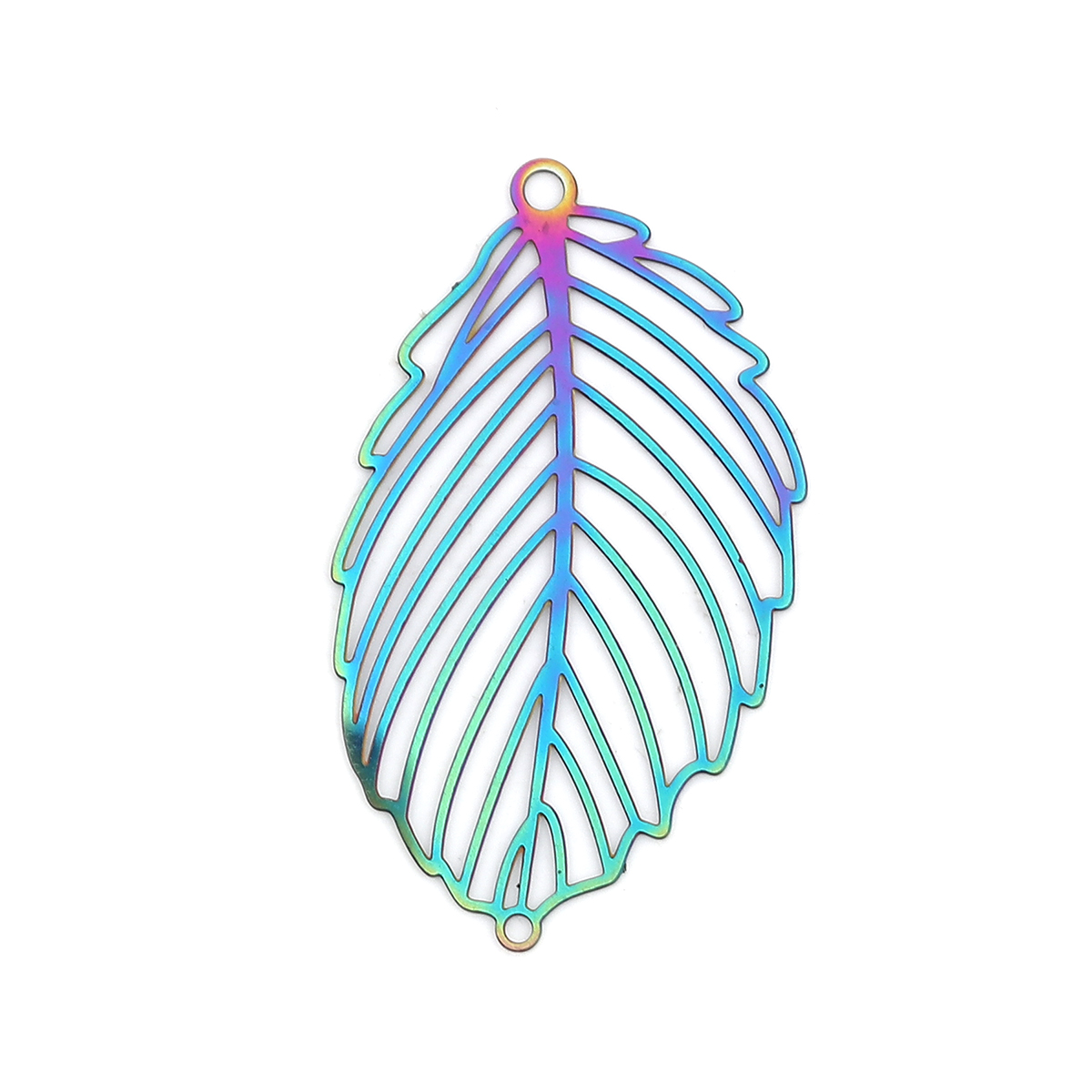 Picture of Stainless Steel Filigree Stamping Connectors Leaf Purple & Blue 37mm x 21mm, 10 PCs
