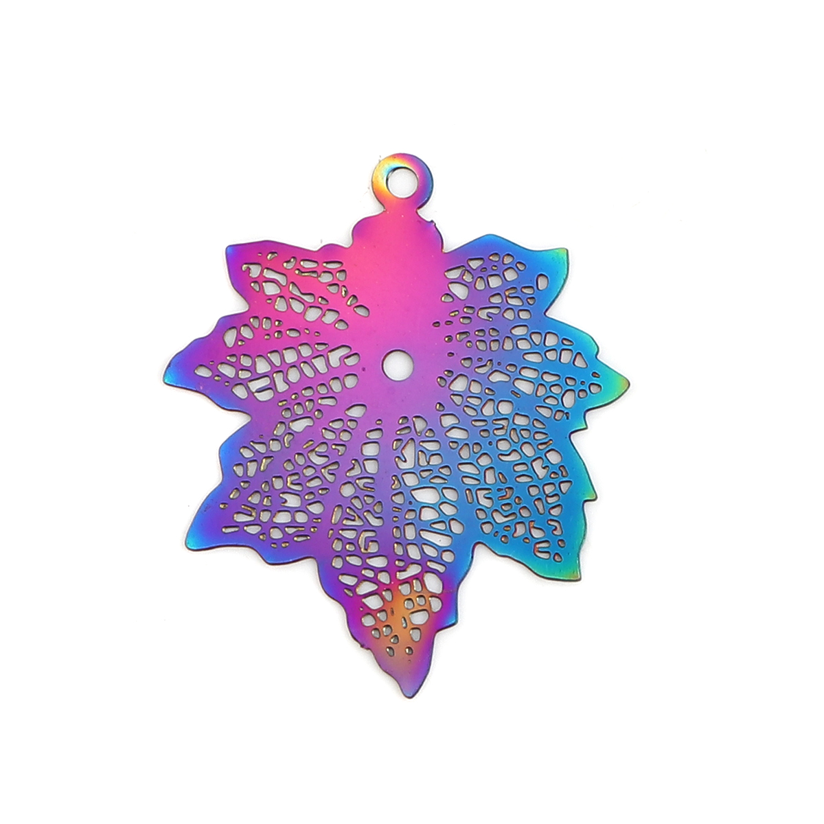 Picture of Stainless Steel Filigree Stamping Pendants Maple Leaf Purple & Blue 32mm x 27mm, 10 PCs