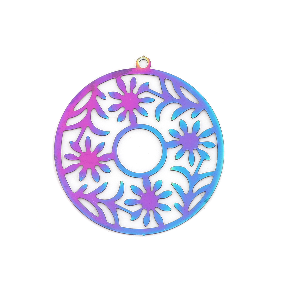 Picture of Stainless Steel Filigree Stamping Pendants Round Purple & Blue Flower Leaves 33mm x 30mm, 10 PCs