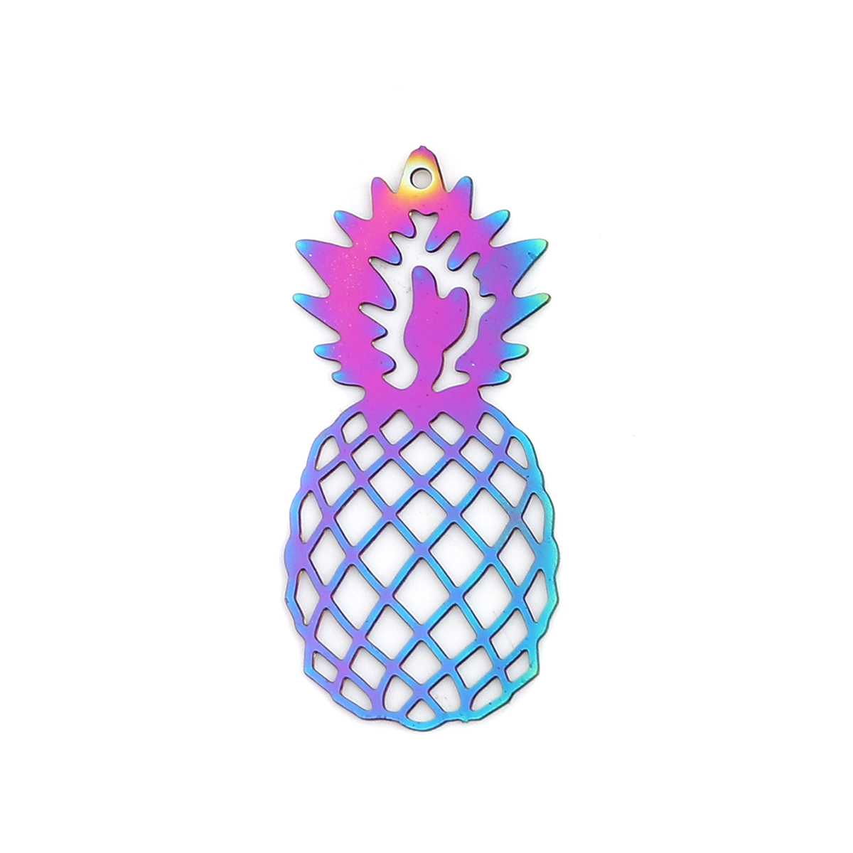 Picture of Stainless Steel Filigree Stamping Pendants Pineapple/ Ananas Fruit Purple & Blue 36mm x 16mm, 10 PCs
