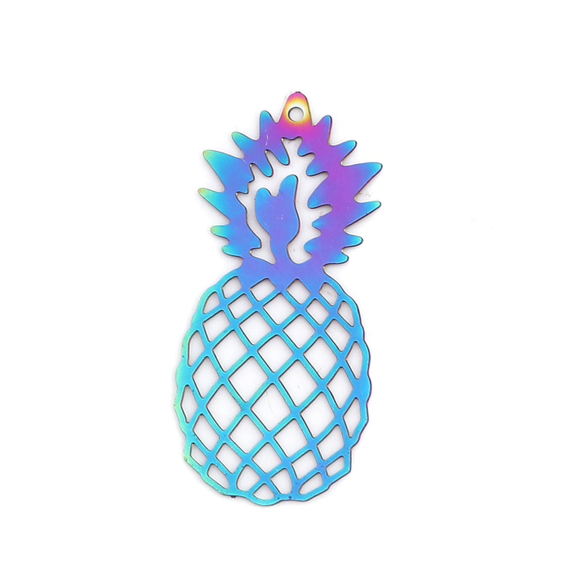 Picture of Stainless Steel Filigree Stamping Pendants Pineapple/ Ananas Fruit Purple & Blue 36mm x 16mm, 10 PCs